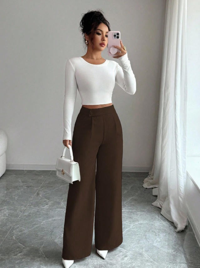 High-Waist Straight-Leg Pants | Women's Solid Color Button Detail Full Length