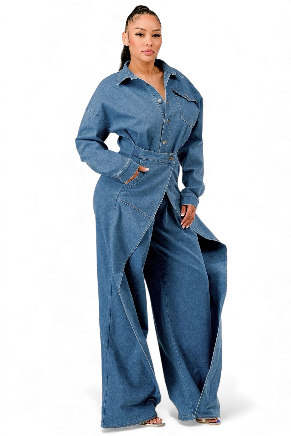 Draped Denim Wide-Leg Jumpsuit