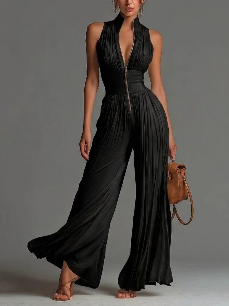 Pleated Wide-Leg Jumpsuit | Women's Sleeveless High-Waist Minimalist Long Jumpsuit