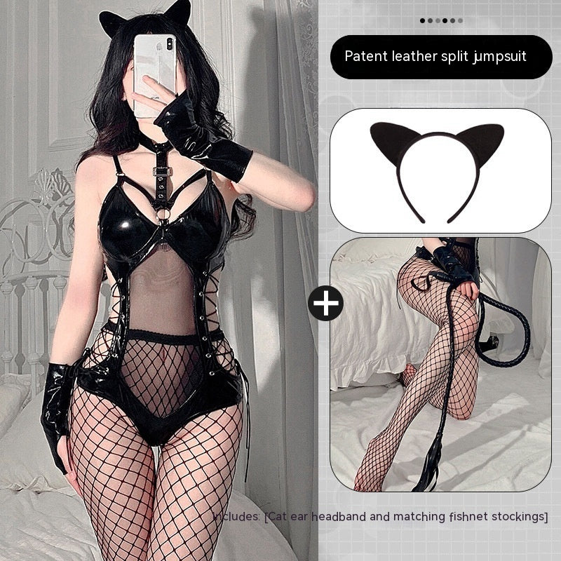 The Midnight Edge Patent-Look Lace-Up Lingerie Bodysuit
