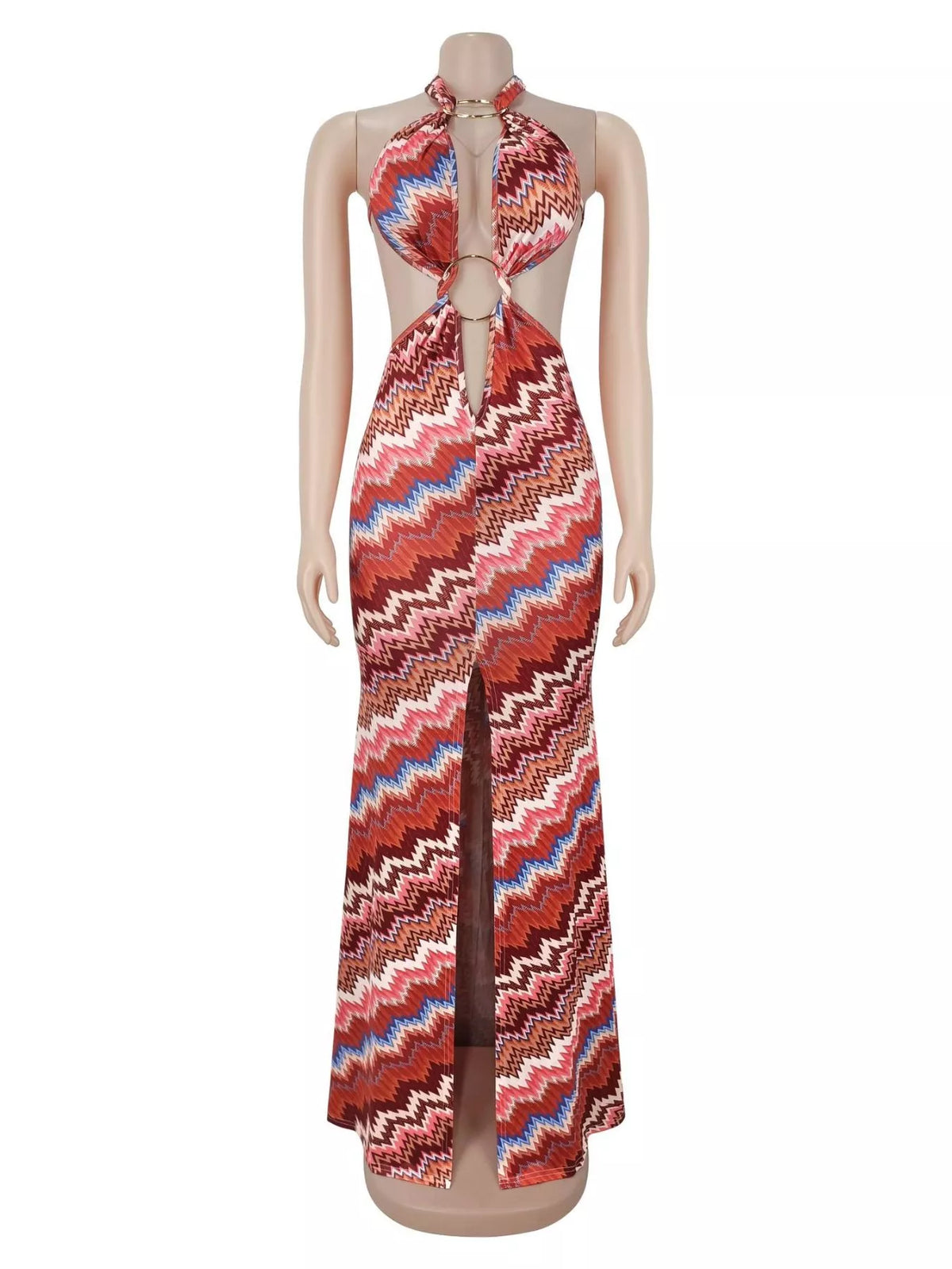 The Sunset Rhythm Chevron Cutout Maxi Dress