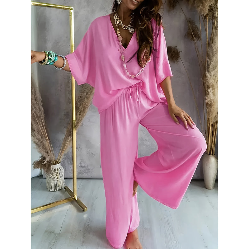 Lounge Set with Wide-Leg Pants | V-Neck Half-Sleeve 2-Piece