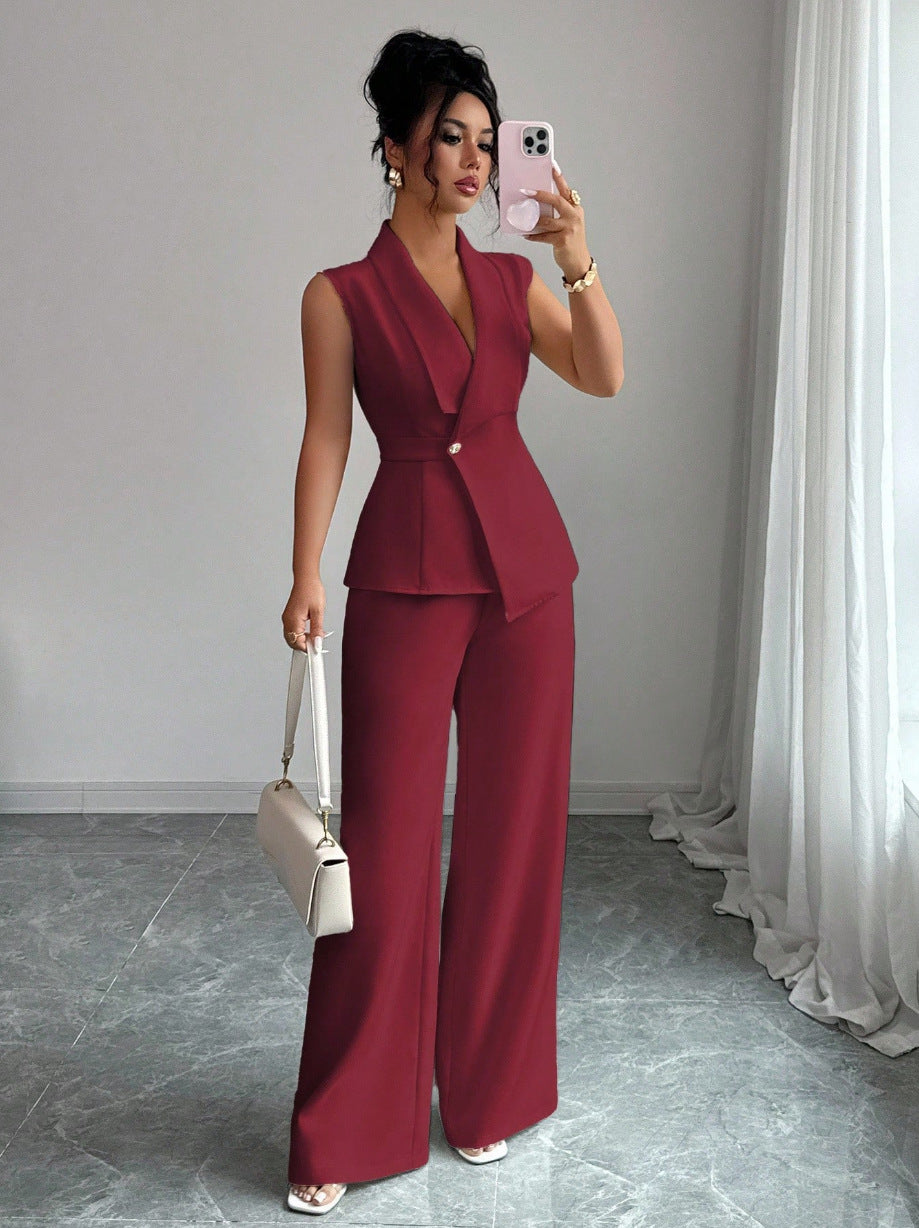 Sleeveless Blazer & Straight-Leg Pants Two-Piece Set