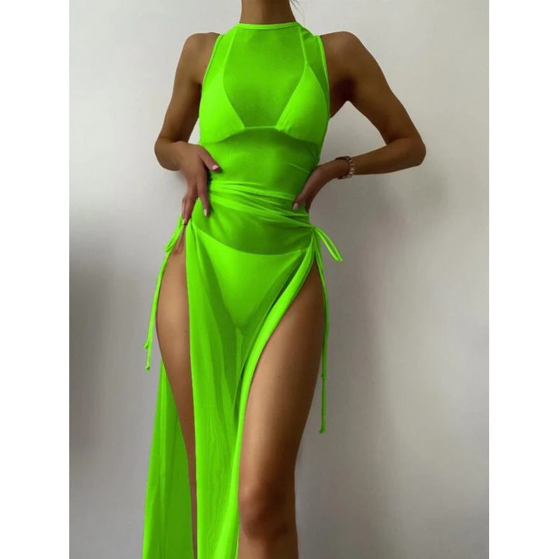 Solid Color Bikini Set with Maxi Dress Cover-Up | Women's Three-Piece Swimwear