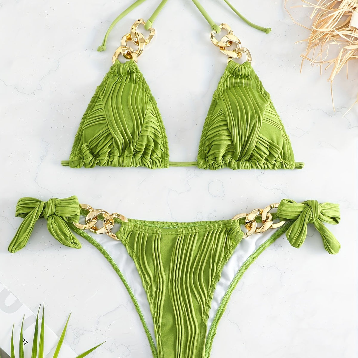 The Golden Chain Striped Halter Bikini