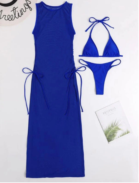 Solid Color Bikini Set with Maxi Dress Cover-Up | Women's Three-Piece Swimwear