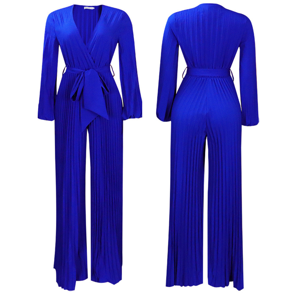 V-Neck Wrap Bishop Sleeve Tie-Waist Pleated Wide-Leg Jumpsuit | Plus Size S–5XL