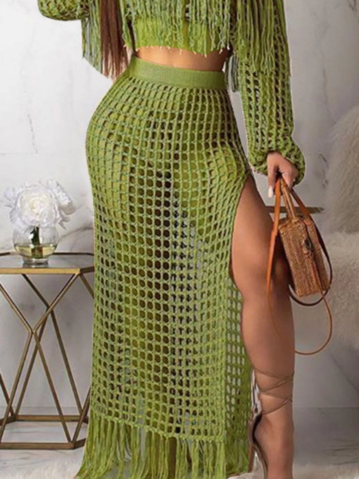 The Coastal Fringe Crochet Skirt Set