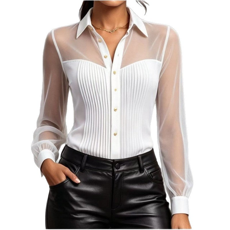 The Parisian Poise Sheer-Panel Button-Front Blouse
