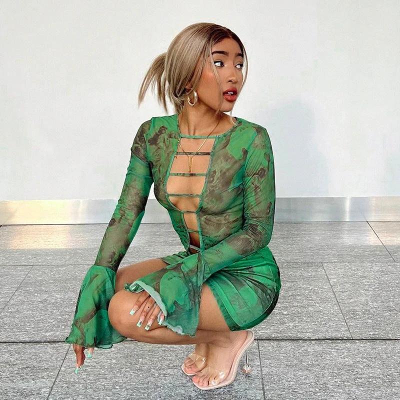 The Green Envy Cutout Top & Mini Skirt Set