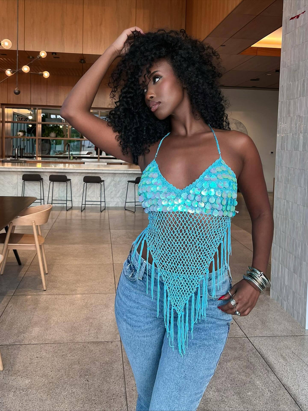 Sequin Disc Halter Crochet Fringe Crop Top