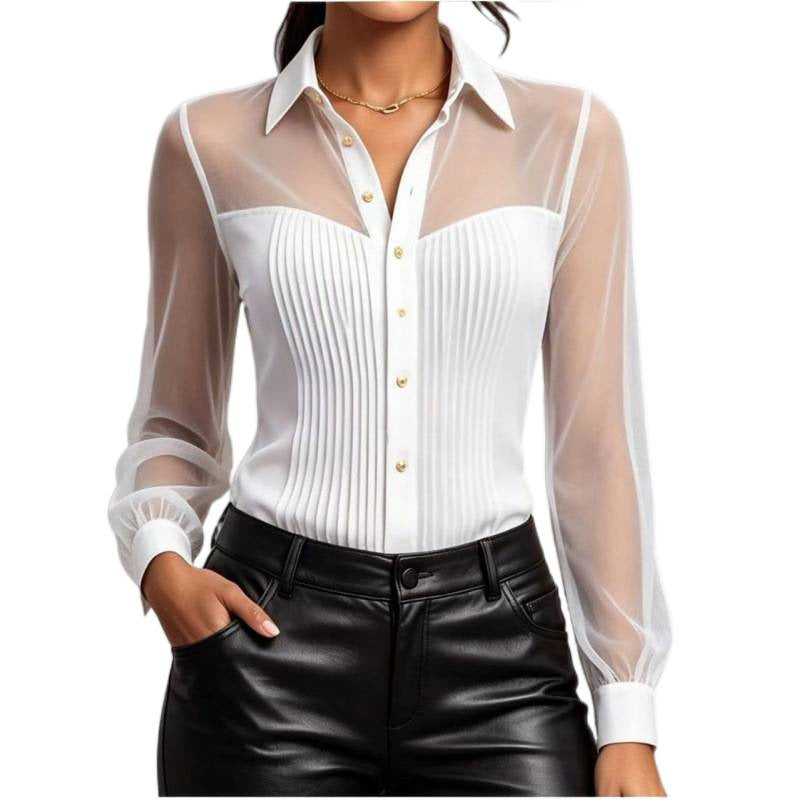 The Parisian Poise Sheer-Panel Button-Front Blouse