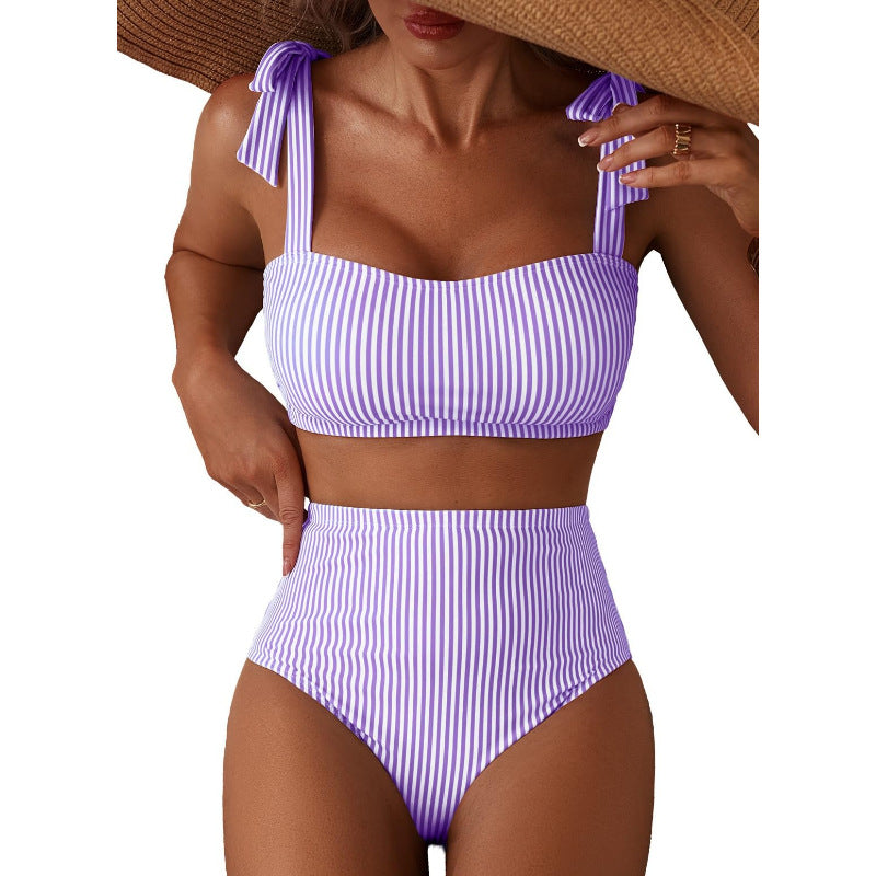 Tie-Shoulder High-Waisted Bikini Set | Women's Two-Piece Swimsuit