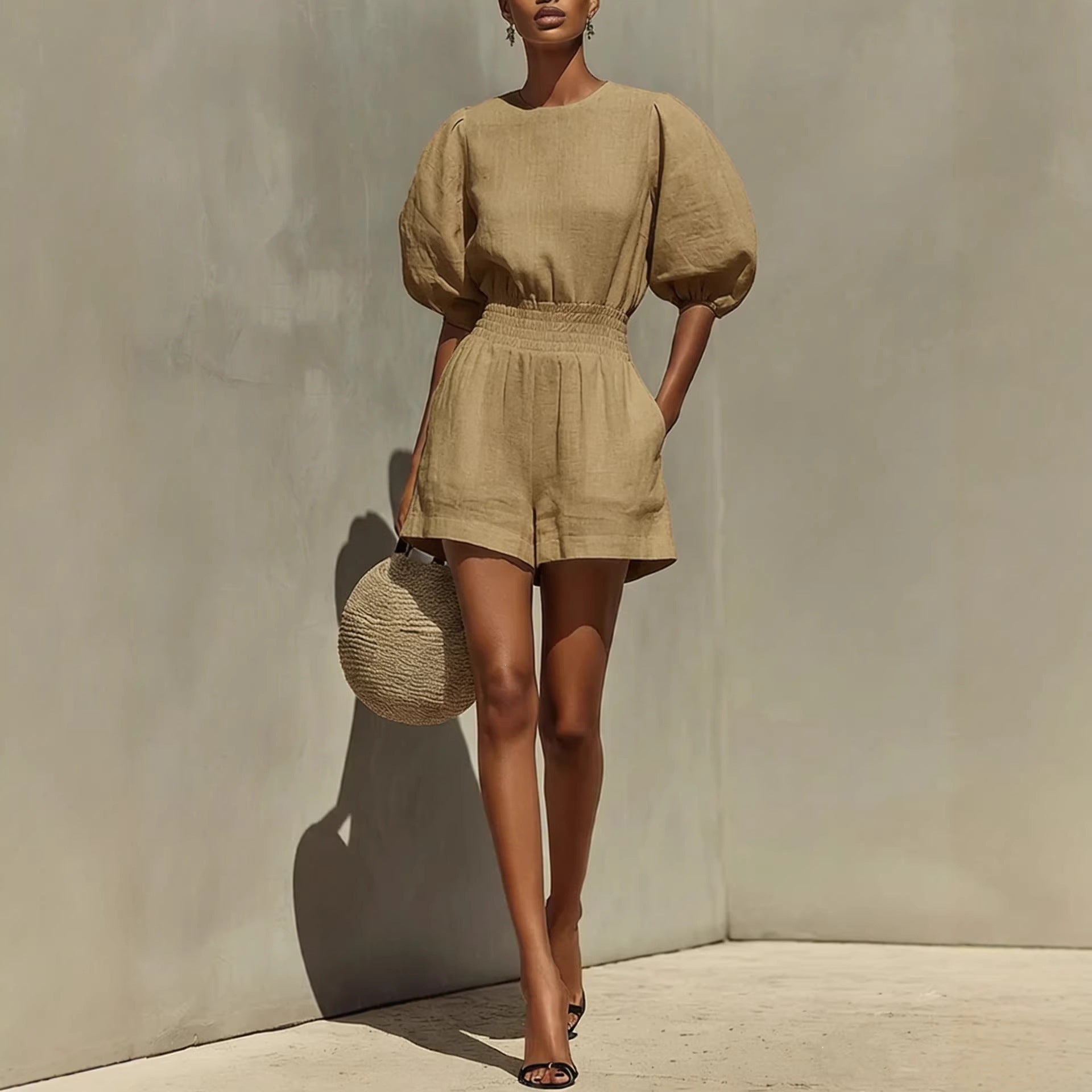Balloon Puff Sleeve Top & High-Waist Shorts Set | Crew Neck 2-Piece