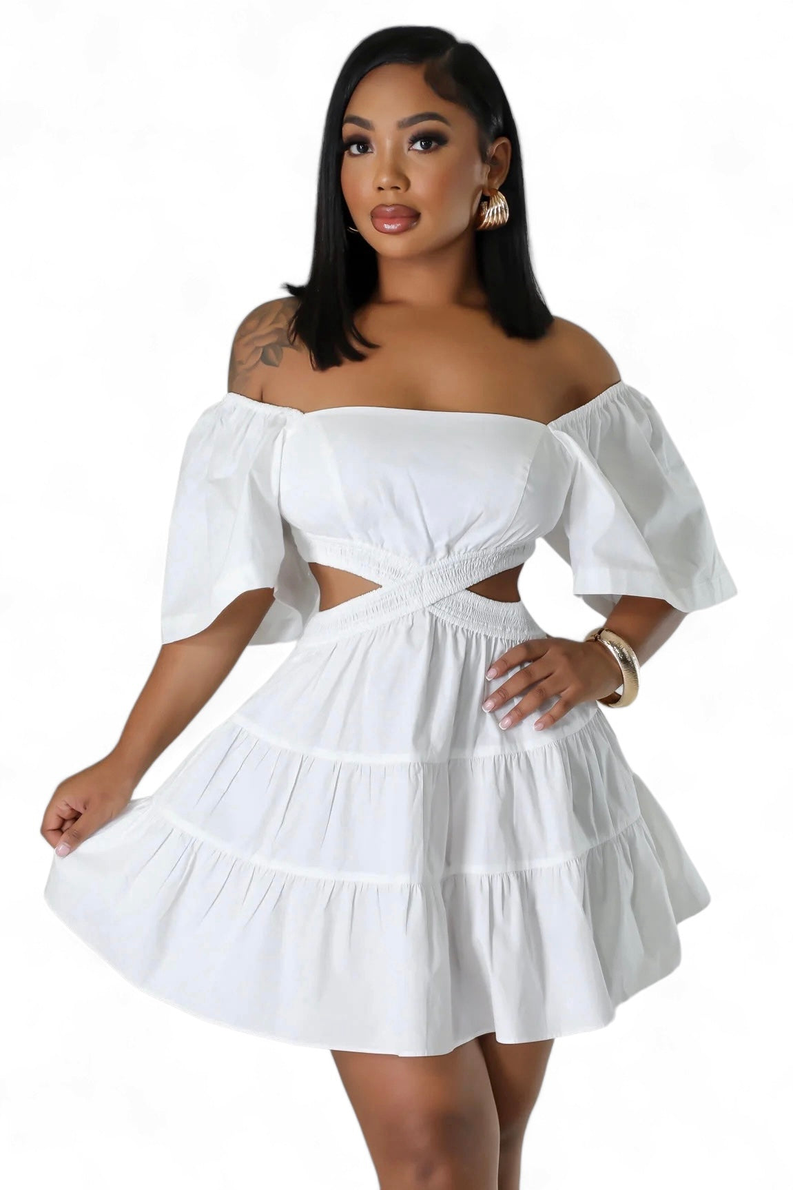 Flutter Sleeve Cutout Tiered Mini Dress