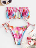 Tie-Dye Smocked Bandeau Bikini Set | Keyhole Cutout, Ruffle Hem & High-Cut Side Tie Bottoms