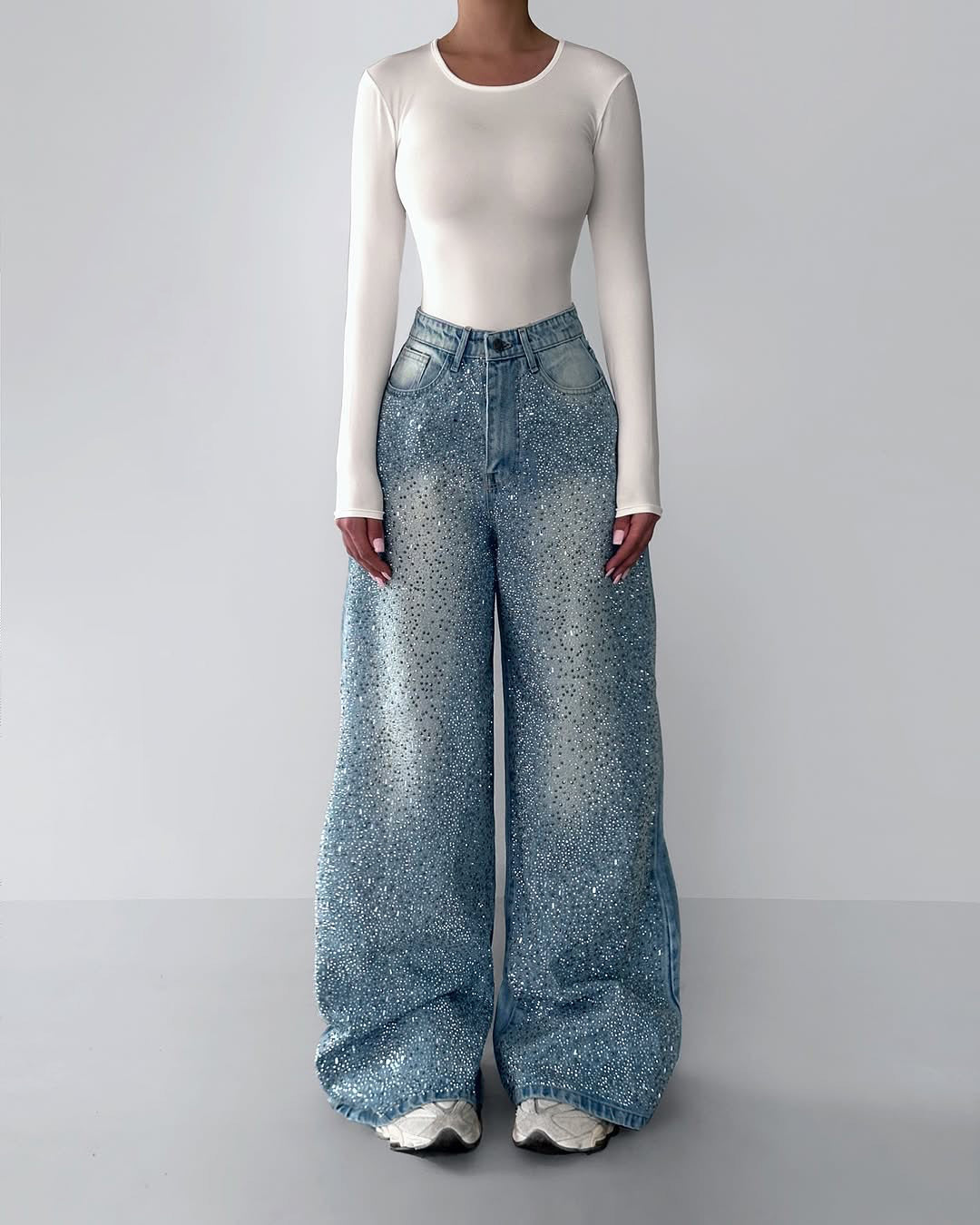 Crystal Rhinestone Embellished Wide-Leg Baggy Jeans