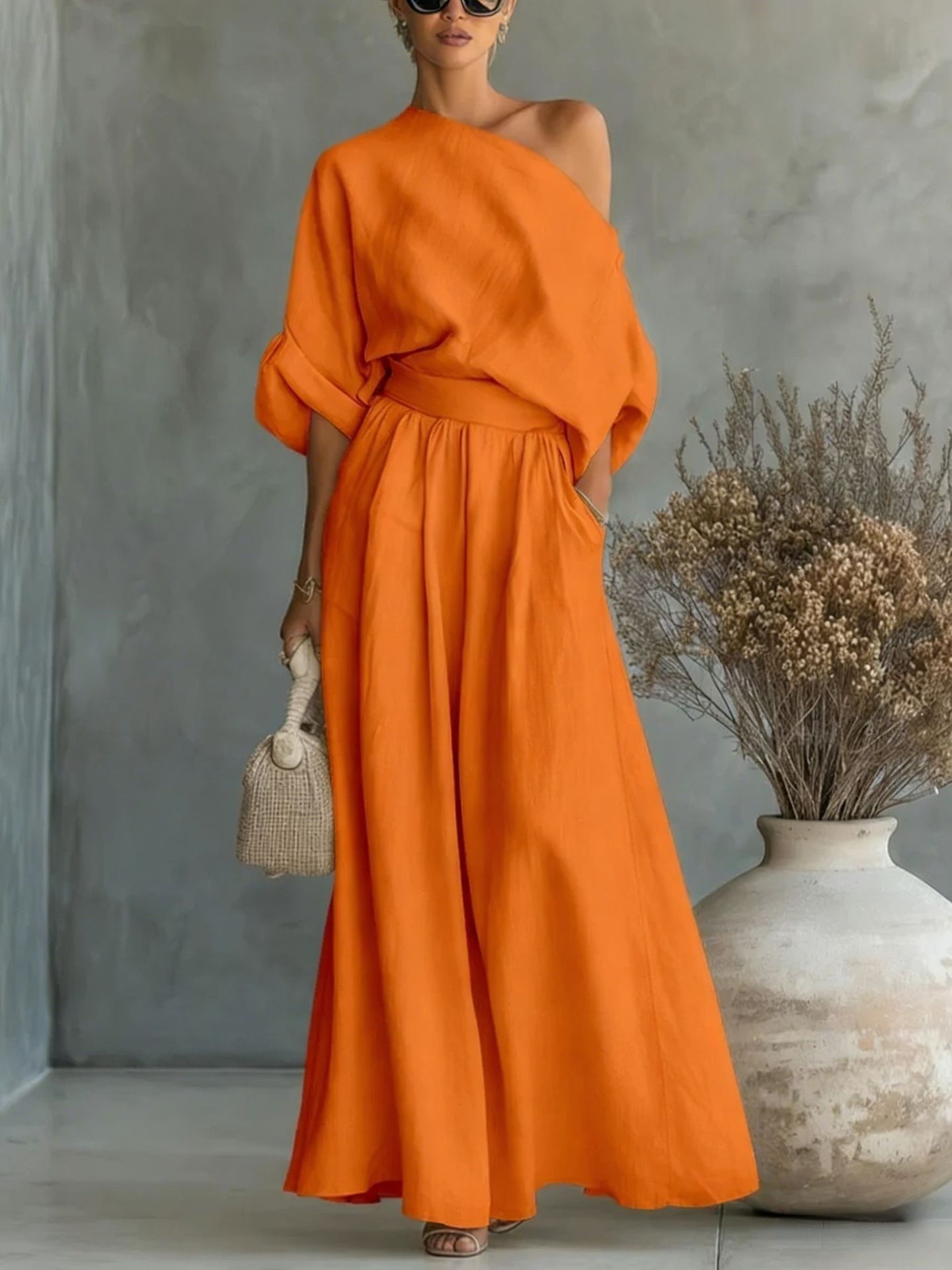 Cropped Off-Shoulder Top & Pants Two-Piece Set