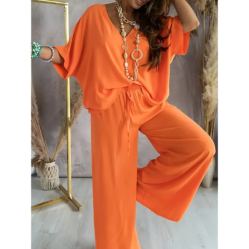 Lounge Set with Wide-Leg Pants | V-Neck Half-Sleeve 2-Piece