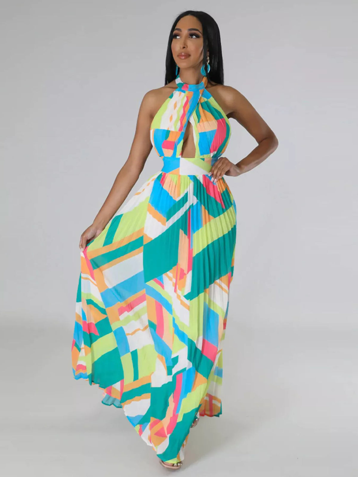 The Halter Geometric Pleated Maxi Dress