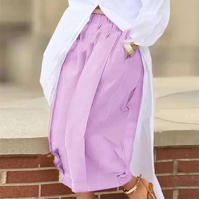 Solid Color Cotton Wide-Leg Cropped Pants | Pleated Elastic Waist