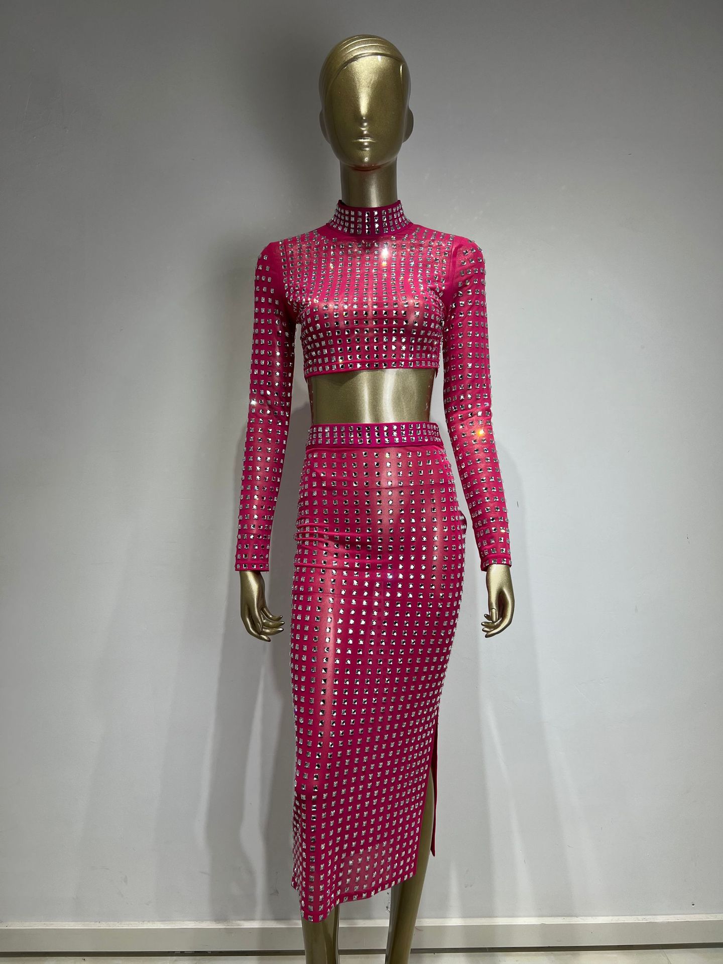 Hot Girl Women's Fashion Rivet Elastic Tight Skirt Suit See size chart under “more details”