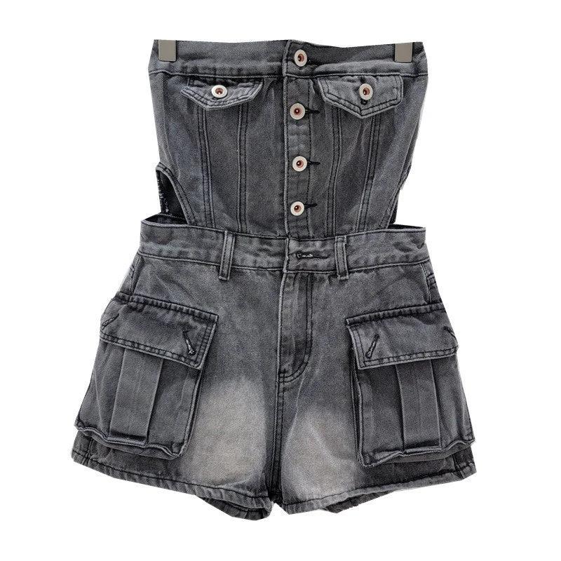 The Denim District Strapless Cutout Romper