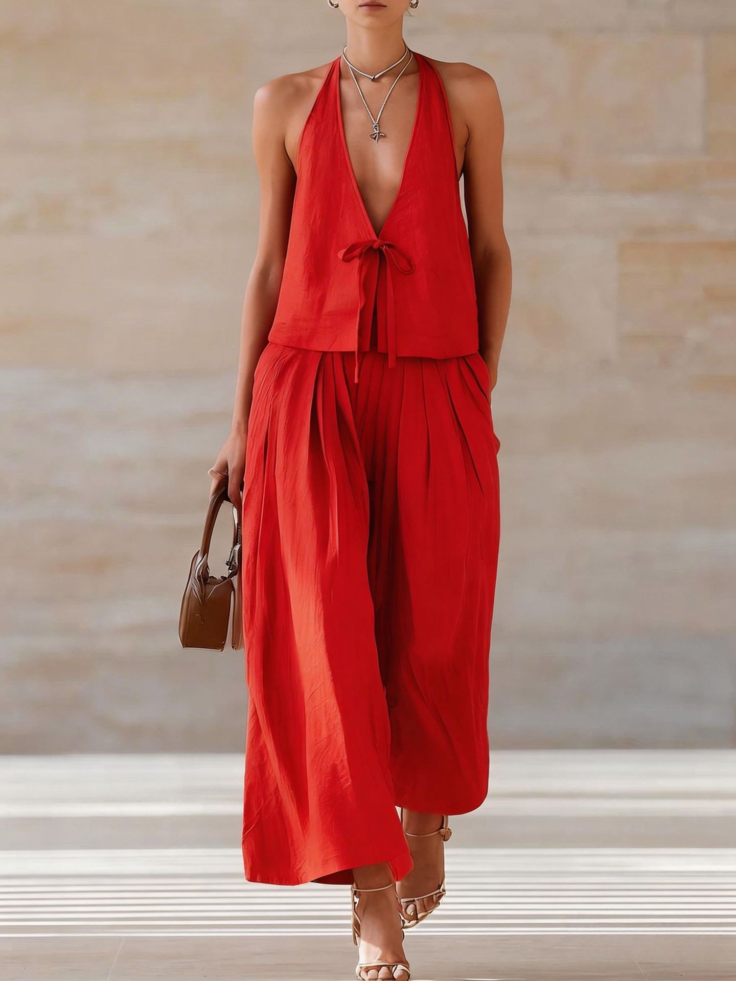 Lace-Up Halter Vest & Wide-Leg Pants Set | 2-Piece Deep V Sleeveless