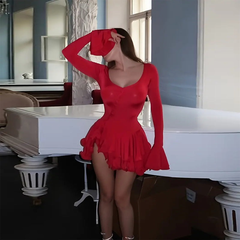 Deep V-Neck Mini Dress | Flared Sleeves, Button Front & Ruffle Hem