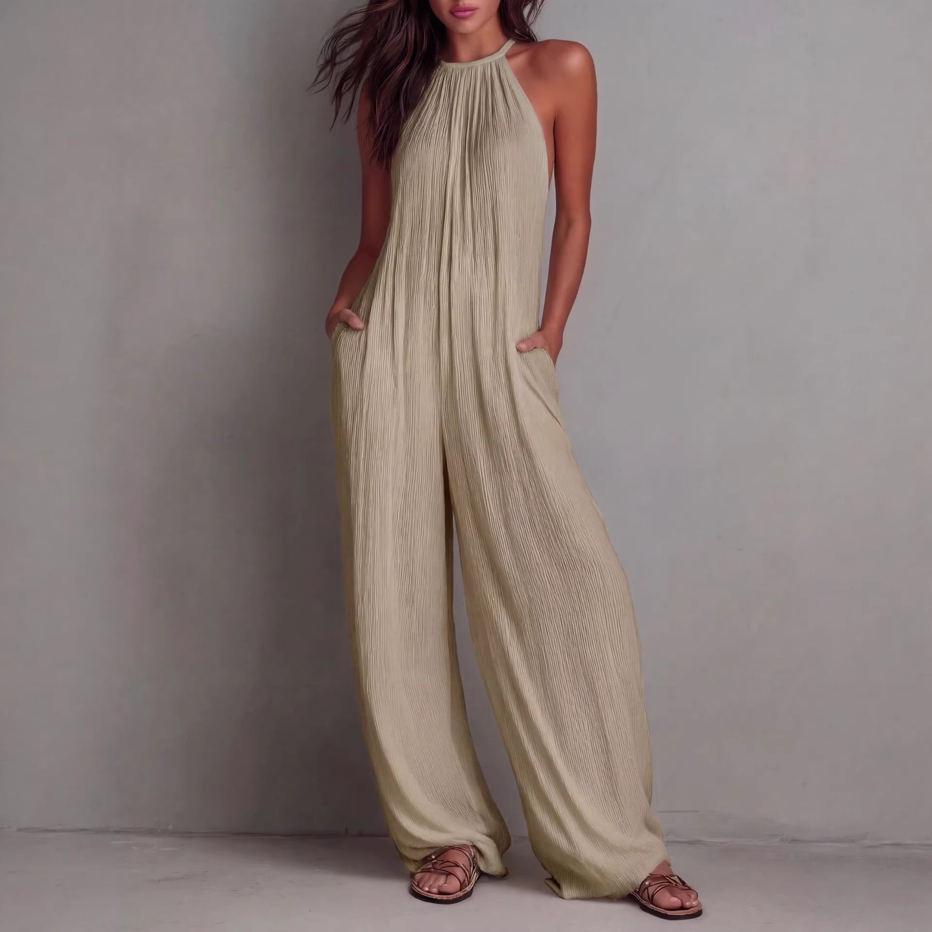 Halter Neck Wide-Leg Pleated Jumpsuit | Pockets Relaxed Full Length