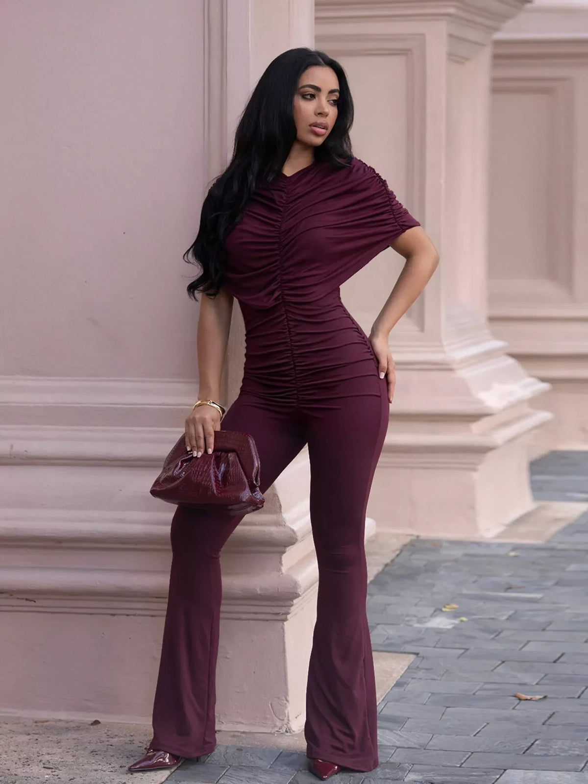 The Evening Agenda Ruched Flare Jumpsuit
