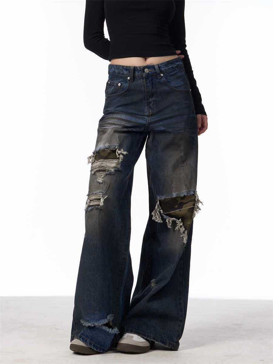 The Camo Rebel Distressed Wide-Leg Jeans