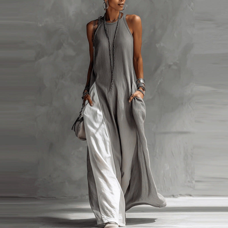 Color Block Sleeveless Maxi Dress | Crew Neck Pockets Side Slit Loose
