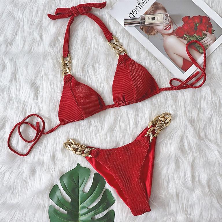 Black Textured Triangle Bikini Set with Oversized Gold Cuban Chain Hardware | Crystal Accents, High-Cut Thong & Designer-Coded Resort Luxe