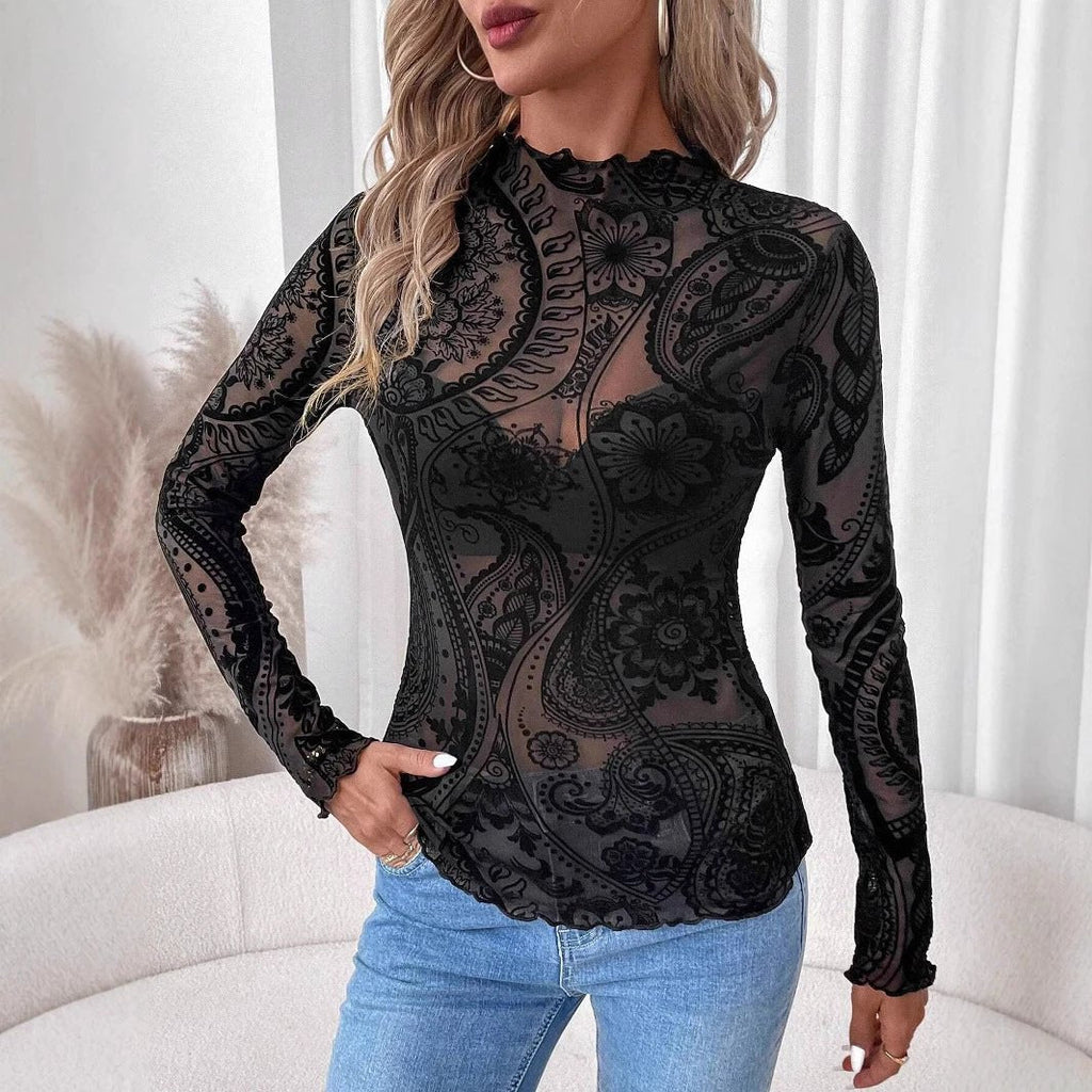 The Paisley Poise Flocked Mesh Top