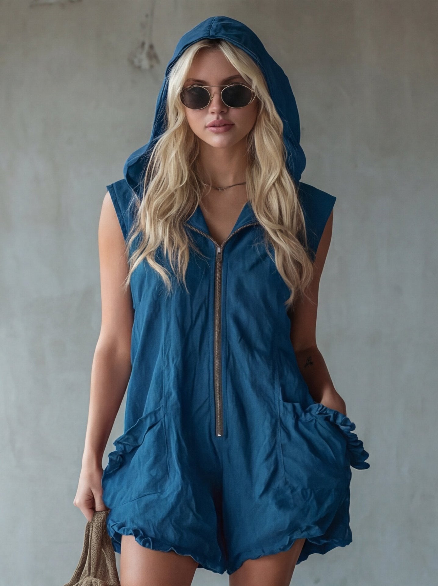Hooded Zip-Up Cropped Jumpsuit | Women's Sleeveless Retro Cotton-Linen One-Piece