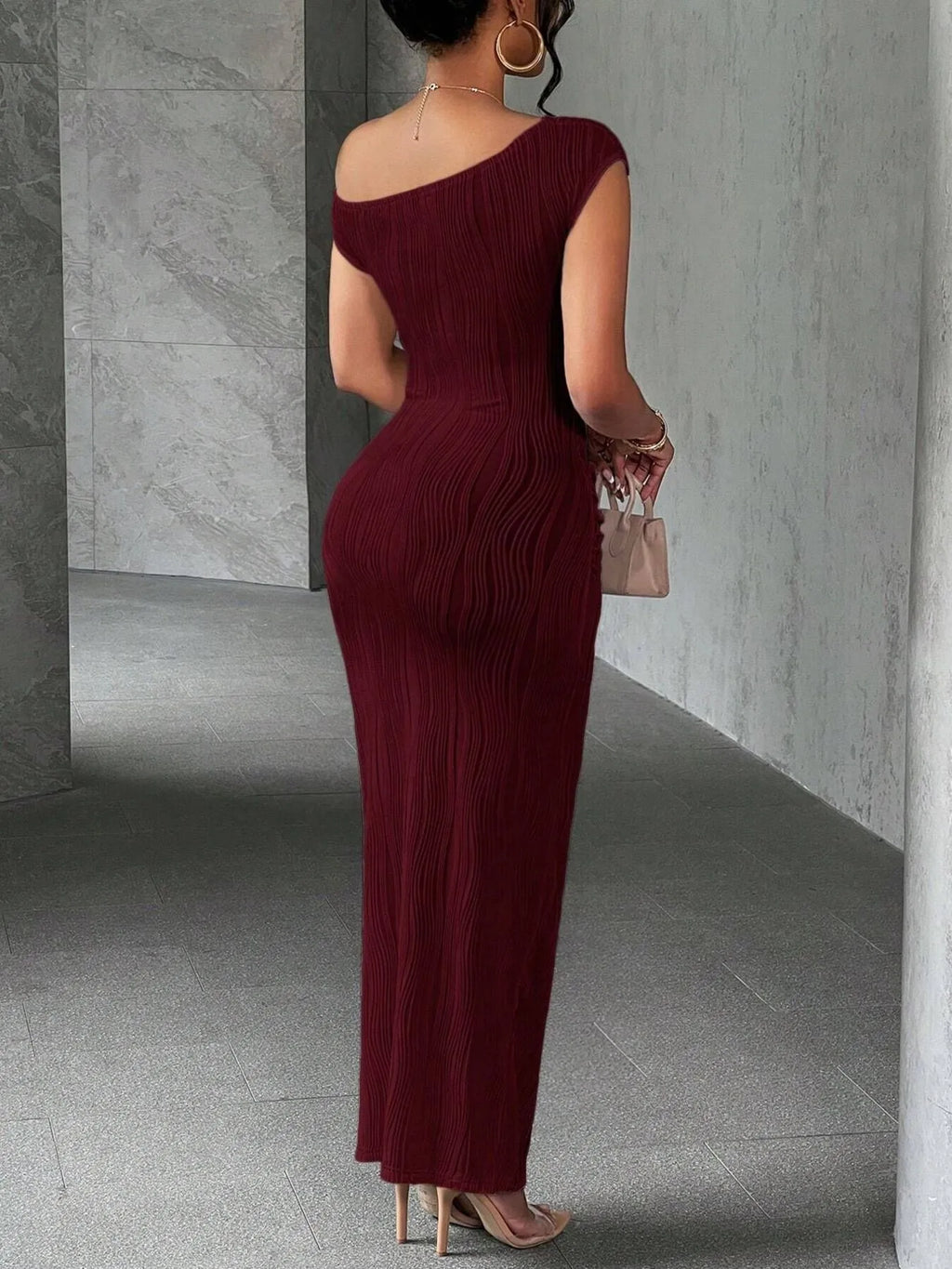 Textured One-Shoulder Bodycon Maxi Dress