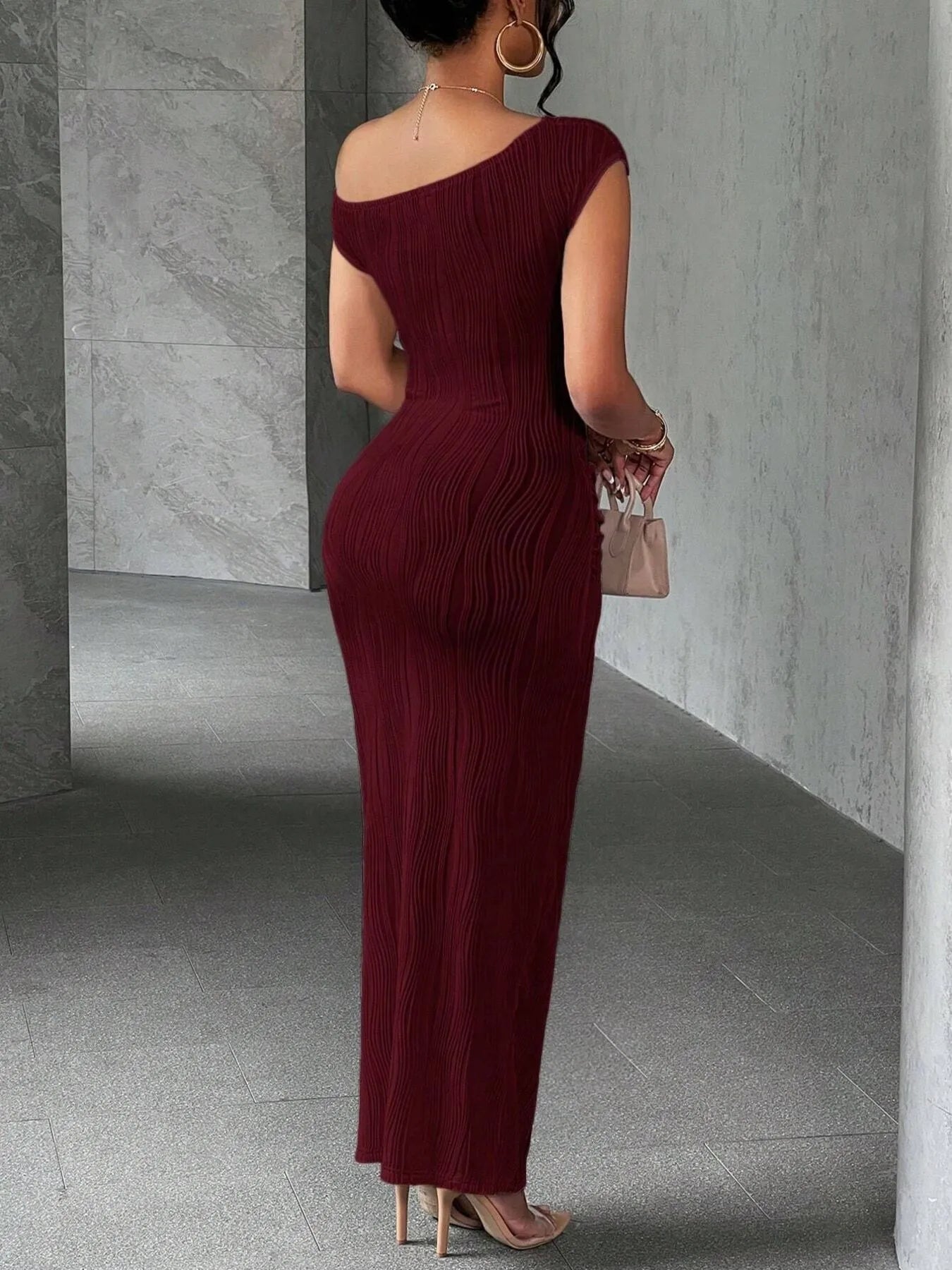 Textured One-Shoulder Bodycon Maxi Dress
