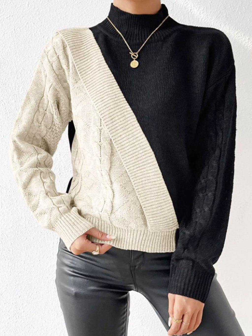The Uptown Contrast Cable-Knit Mock Neck Sweater