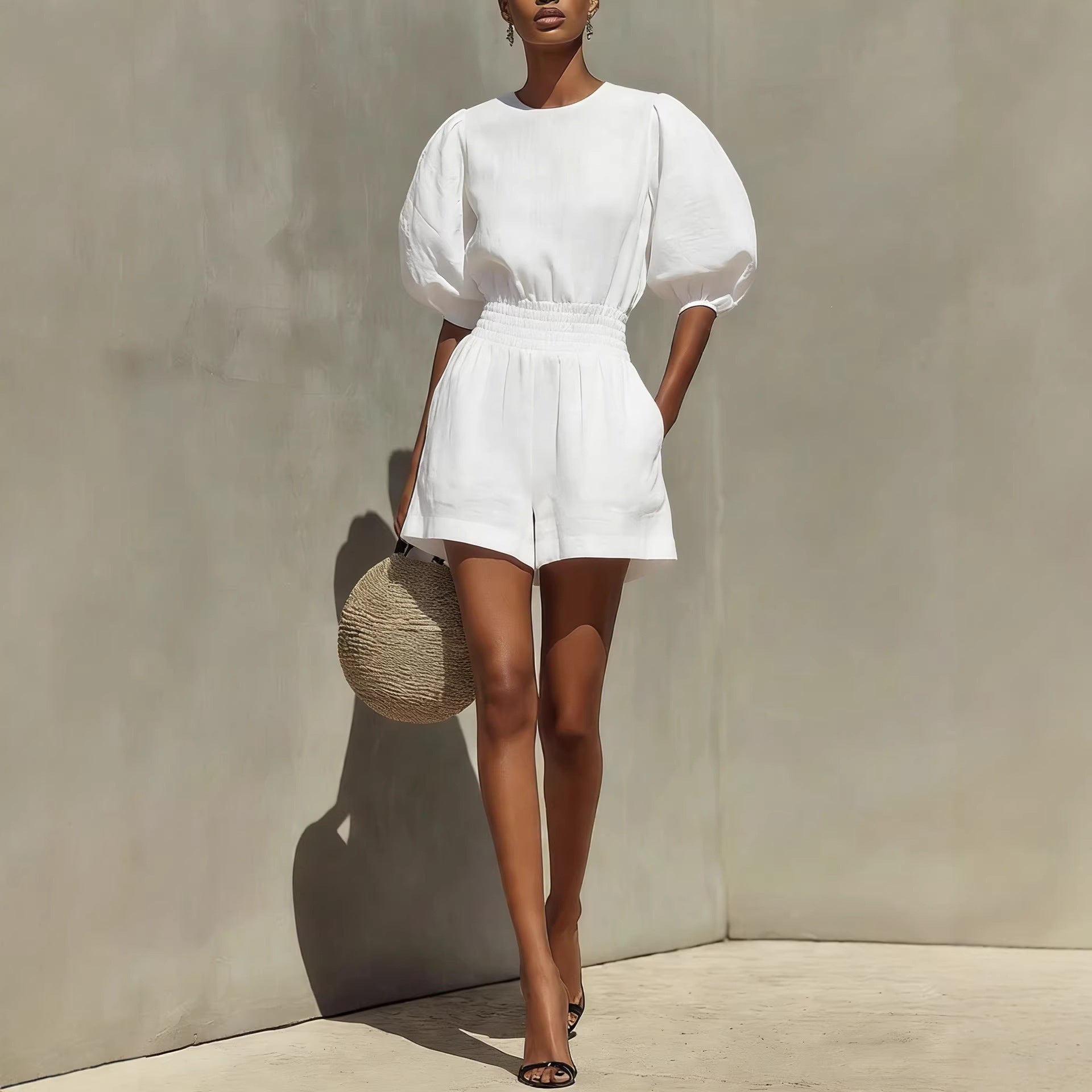 Balloon Puff Sleeve Top & High-Waist Shorts Set | Crew Neck 2-Piece