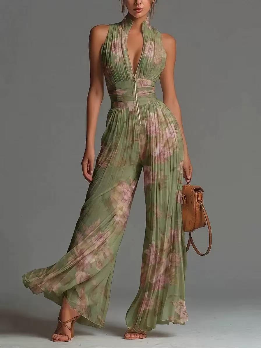 Pleated Wide-Leg Jumpsuit | Women's Sleeveless High-Waist Minimalist Long Jumpsuit