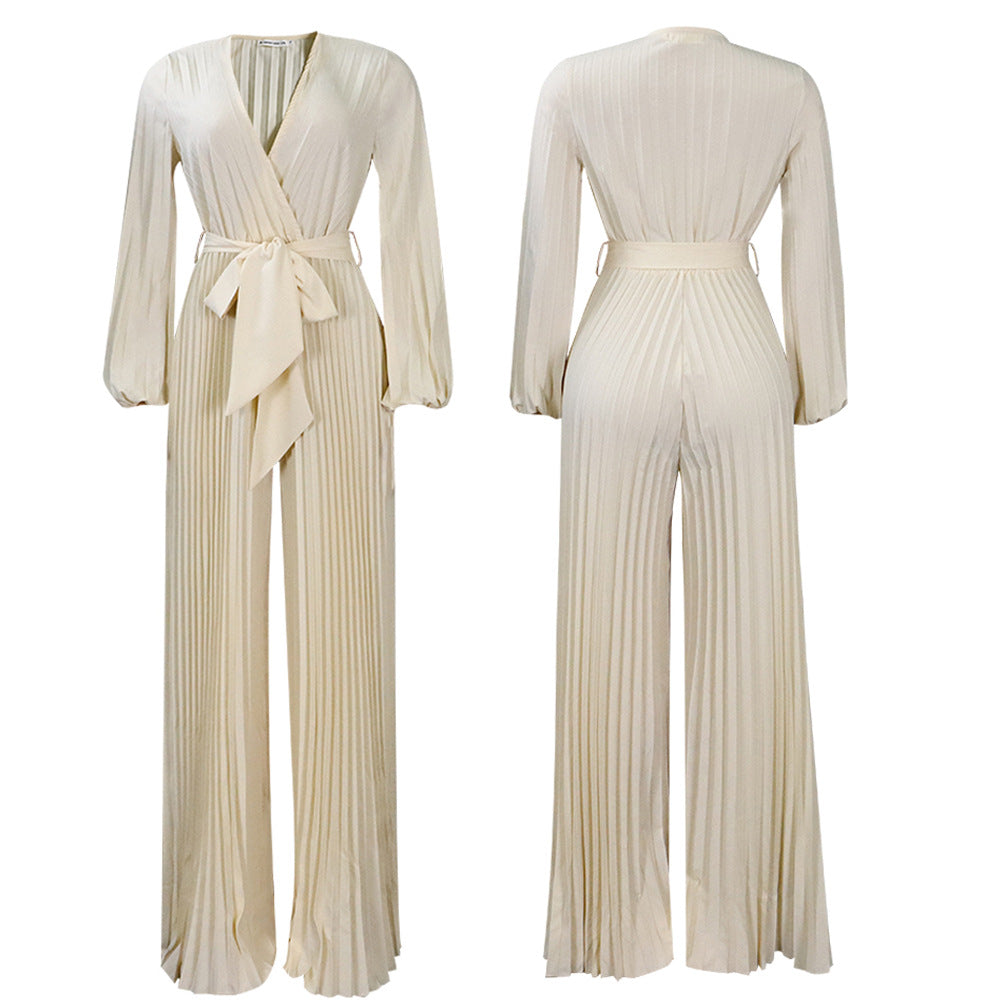 V-neck Lace Up Pleated Wide-leg Plus Size Jumpsuit See size chart under “more details”