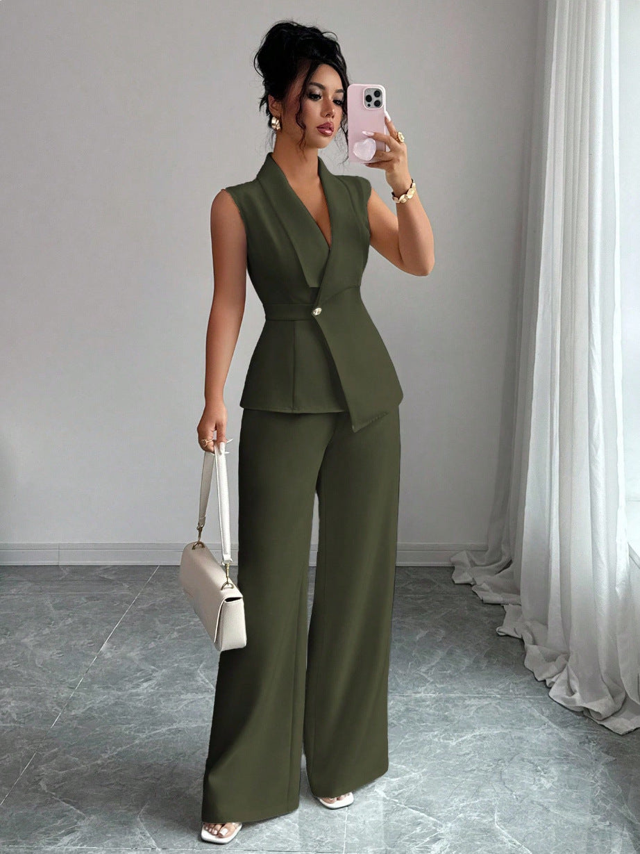 Sleeveless Blazer & Straight-Leg Pants Two-Piece Set