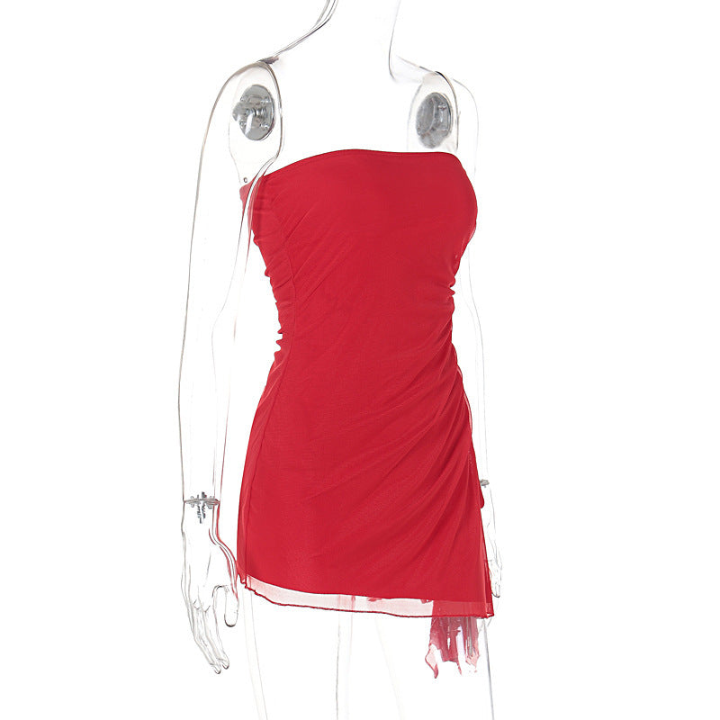 Strapless Ruched Mesh-Hem Backless Mini Dress