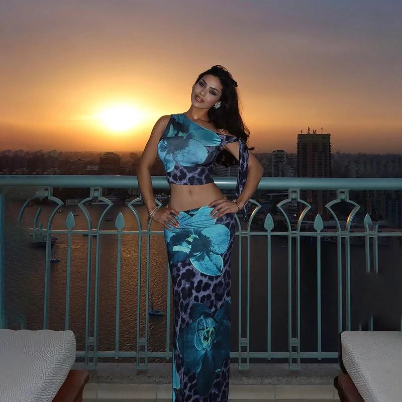 The Blue Bloom Leopard Top & Maxi Skirt Set