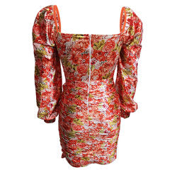 Floral Print Satin Mini Dress | Long Sleeve Square Neck Bodycon