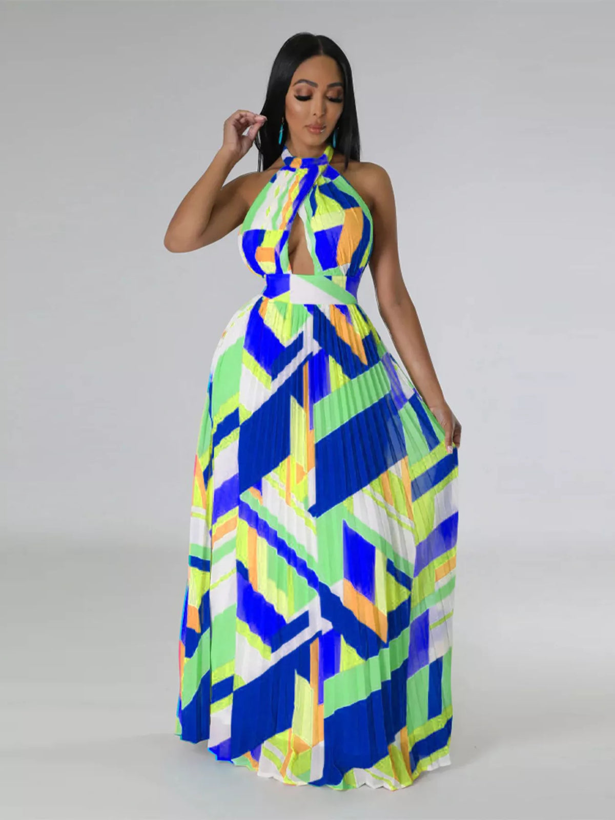 The Halter Geometric Pleated Maxi Dress