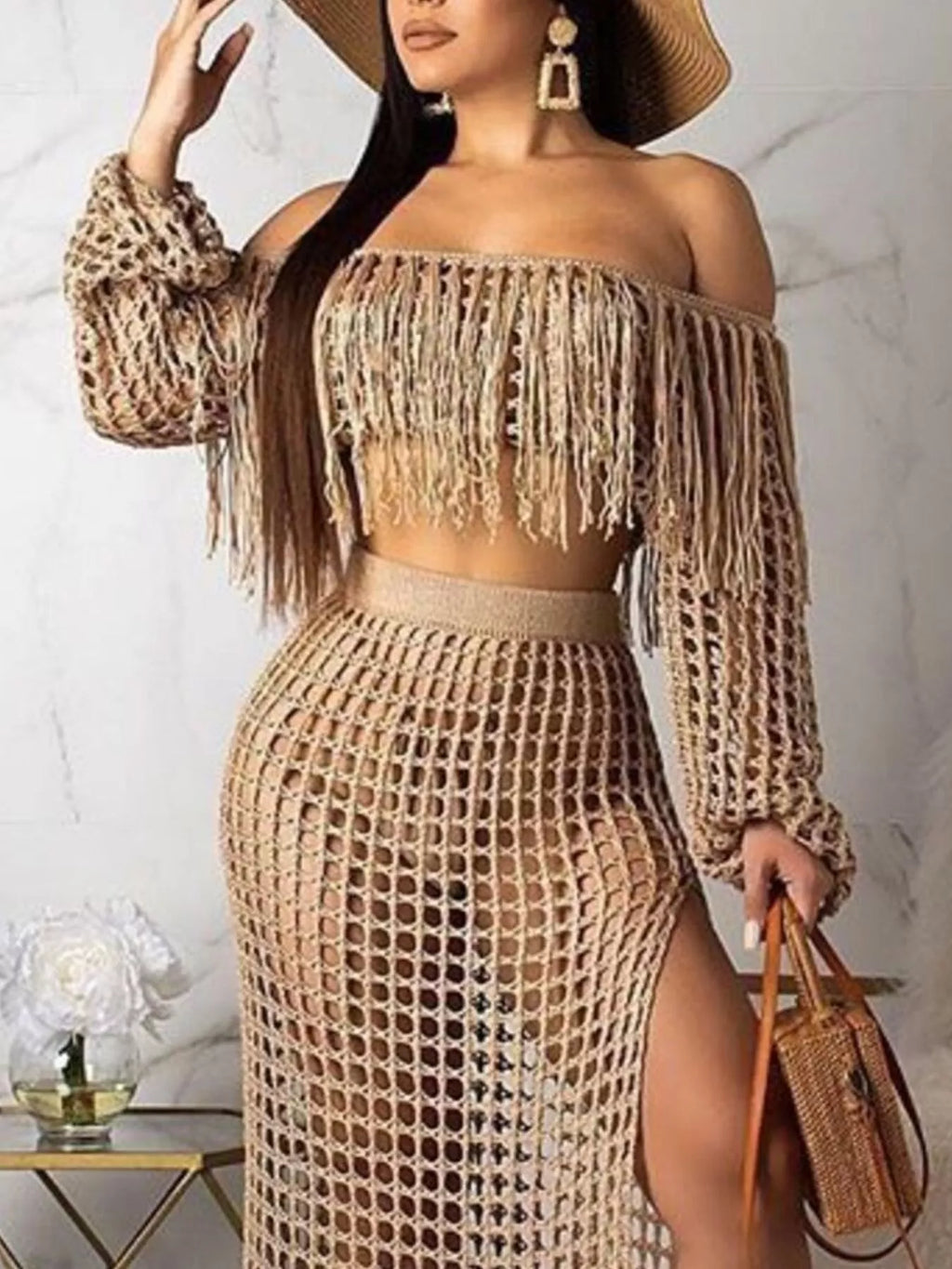 The Coastal Fringe Crochet Skirt Set