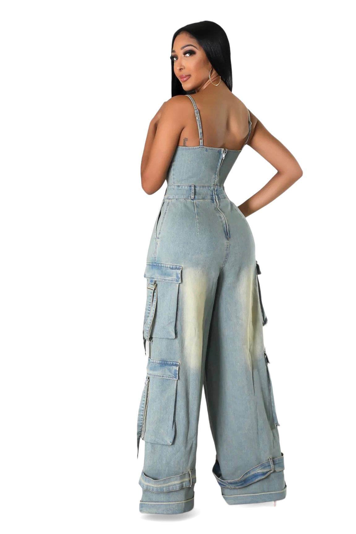 Dirty Wash Cargo Denim Jumpsuit
