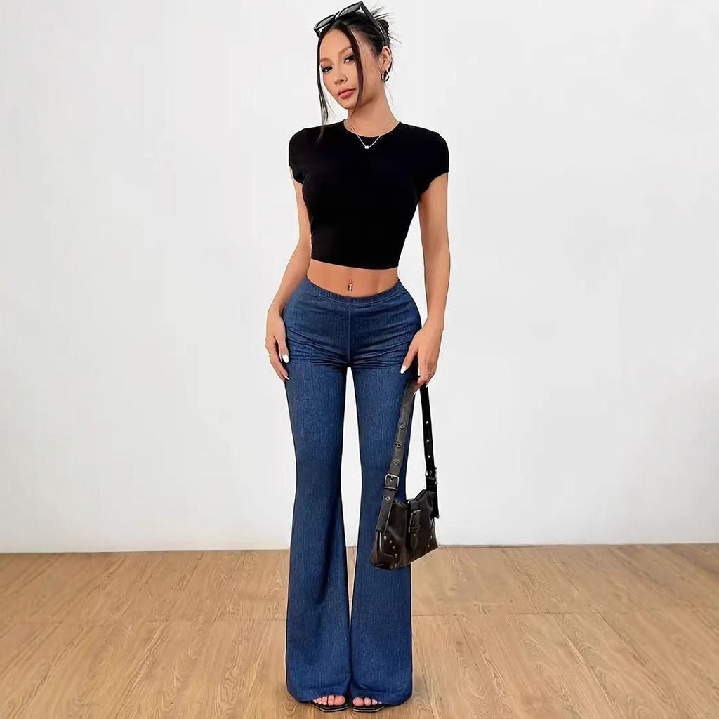 High-Waist Denim-Print Flare Bell-Bottom Pants